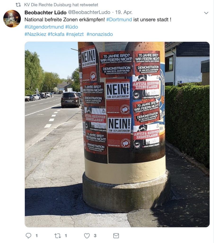 Screenshot Twitter: Hashtags wie "nsjetzt" und die Plakate ("70 Jahre BRD? Wir feiern nicht!") die zu sehen sind, sprechen eine klare Sprache...