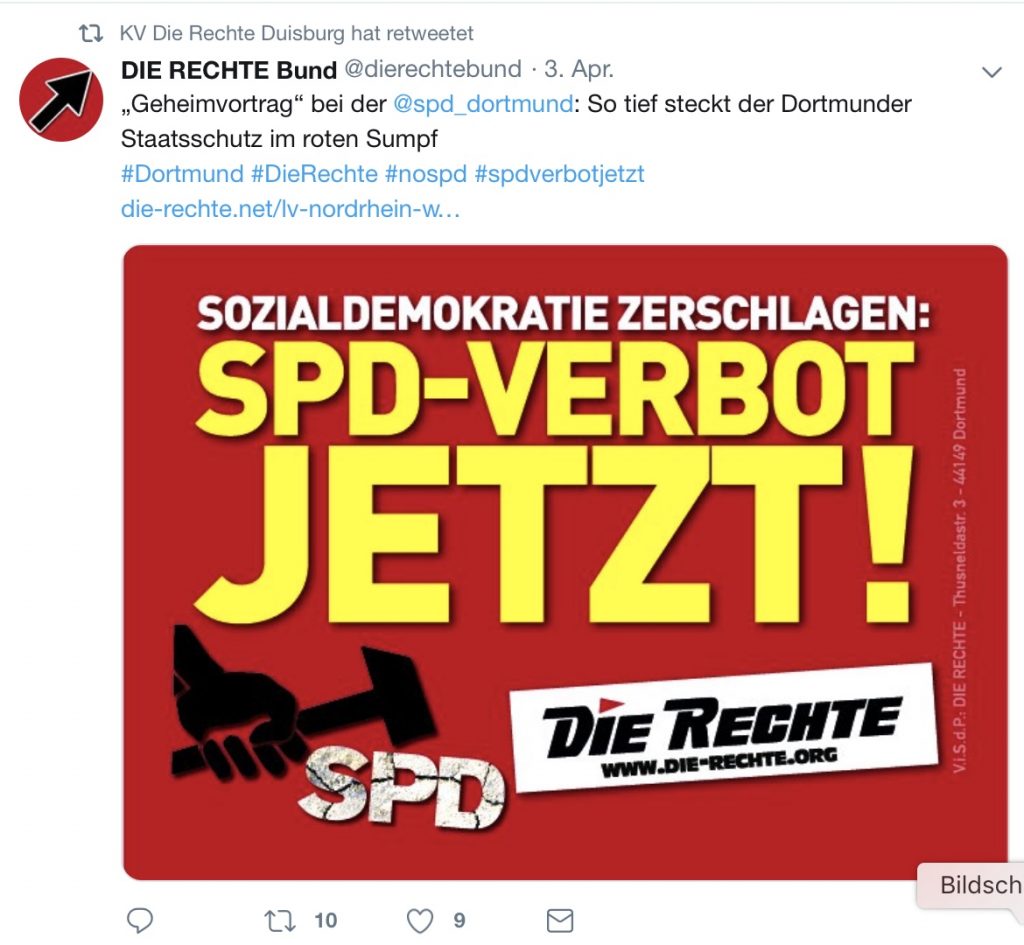 Screenshot: Im Twitter-Account von "Die Rechte Duisburg" wird ein SPD-Verbot gefordert...