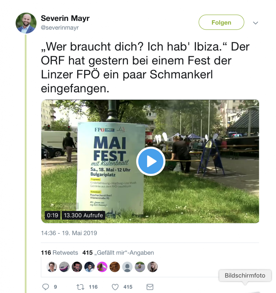 Willkommen zur Krise! Gute Stimmung bei der FPÖ in Linz!; Screenshot Twitter