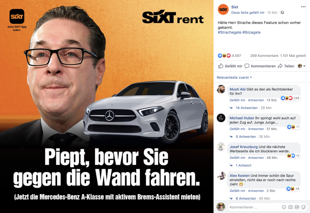 SIXT rent: Schnelle Reaktion der Marketing-Abteilung; Foto: Screenshot Facebook