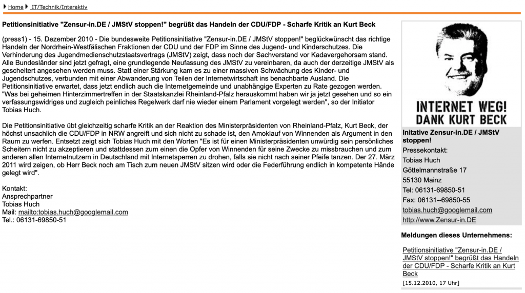 Zensur-in.de: Gratulation an den Landtag von NRW zur klugen Entscheidung im Dezember 2010; Screenshot