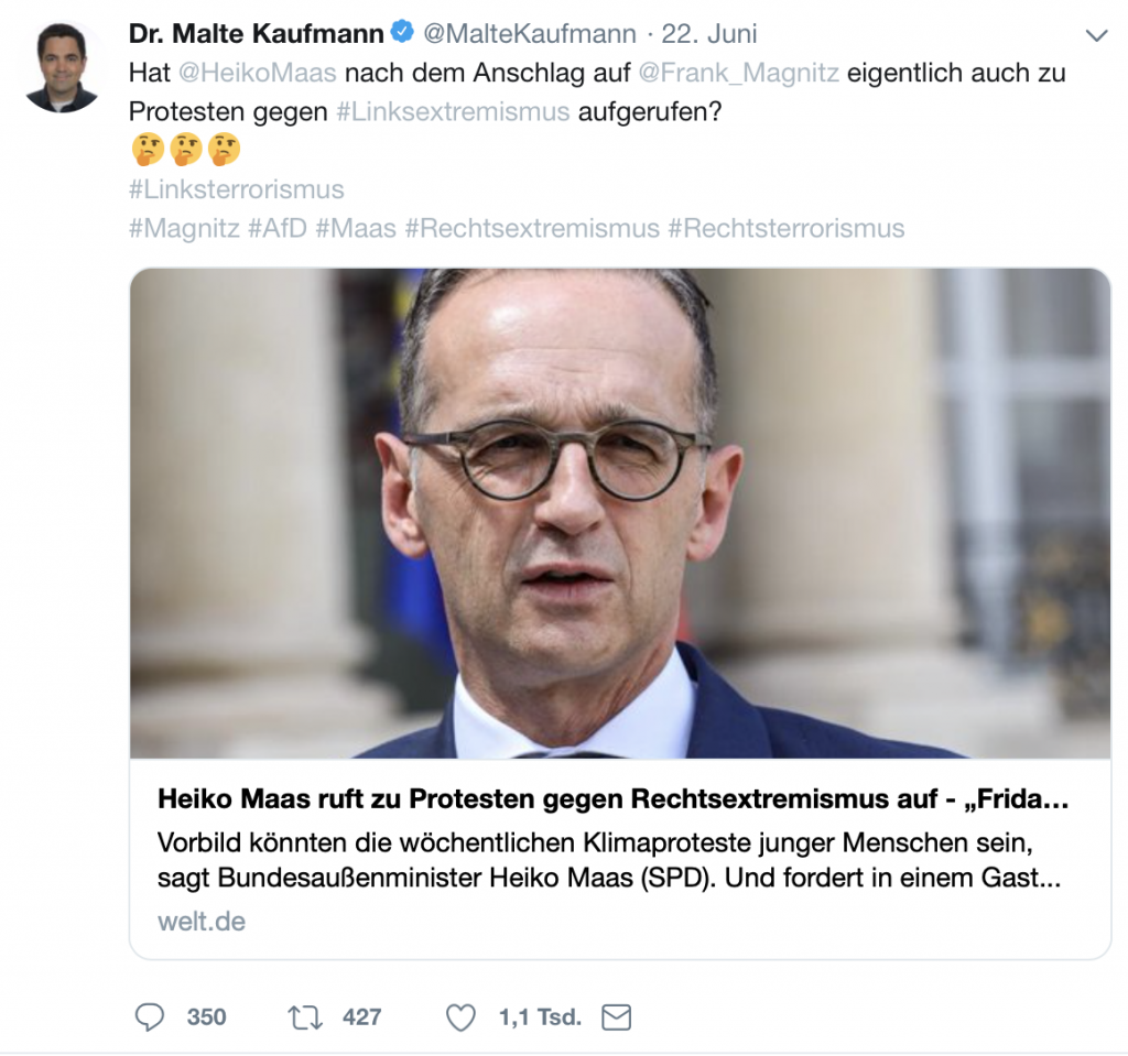 Relativierung eines eiskalten Mordes: Dr. Malte Kaufmann (AfD) auf Twitter; Screenshot