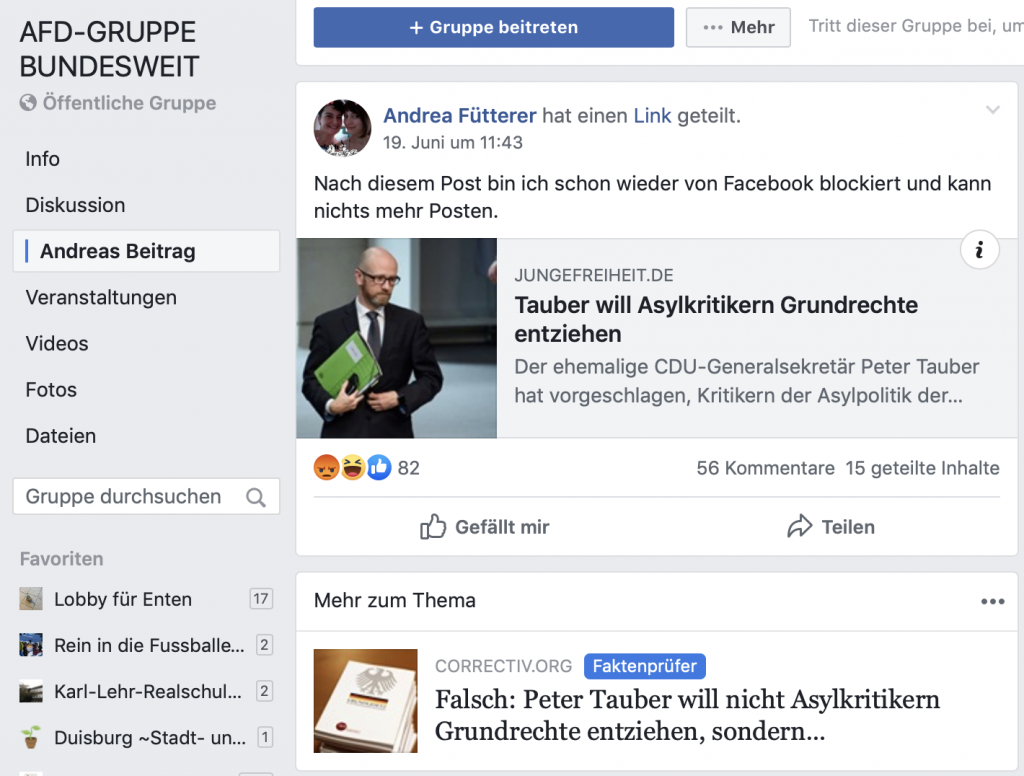 Fröhliches Gehetze mit ganz viel Fakenews: Die FB-Gruppe "AFD-GRUPPE BUNDESWEIT"; Screenshot 