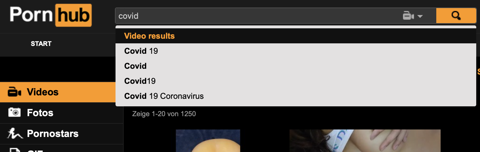 Suchbegriff: "Covid" - ebenfalls beliebt; Screenshot: Pornhub