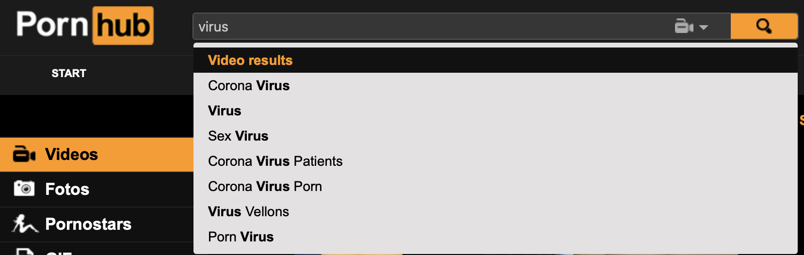 Suchbegriff: "Virus" - Interessante Vorlieben bei der Suche; Screenshot: Pornhub
