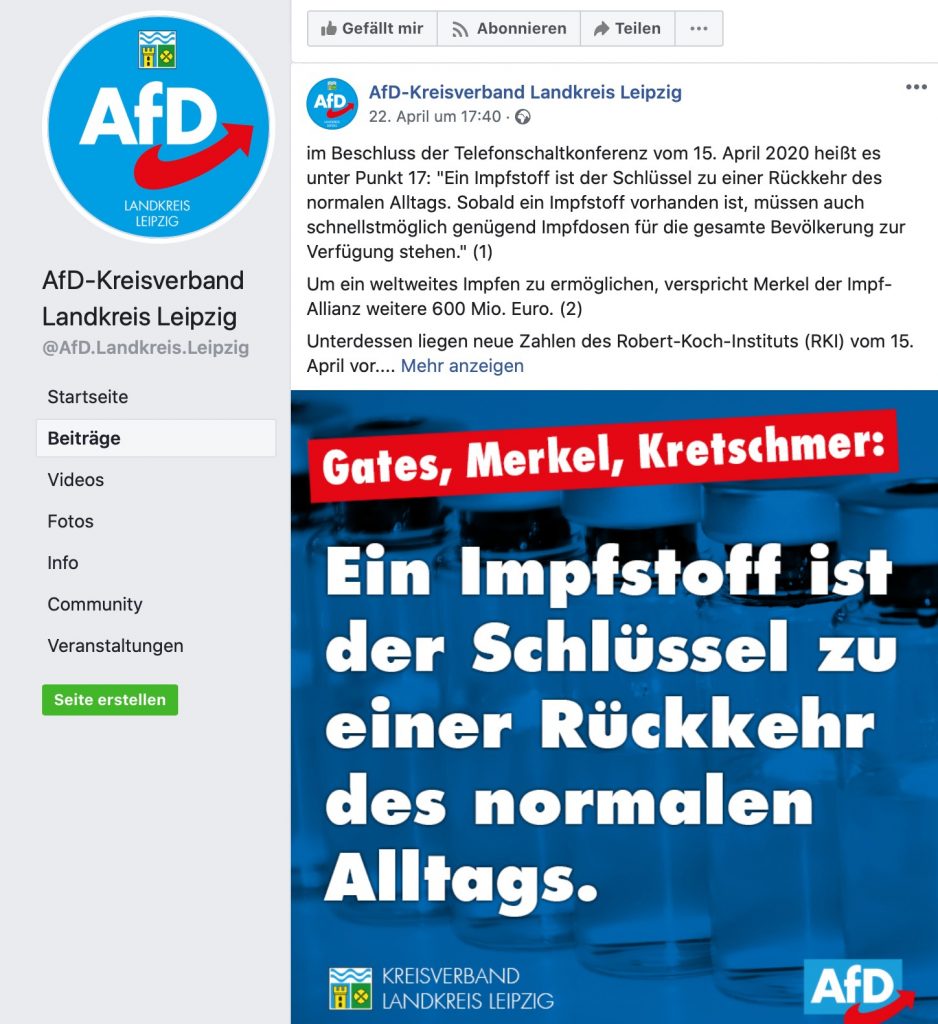 "Gates, Merkel, Kretschmer" - böse Impflobby; Screenshot Facebook
