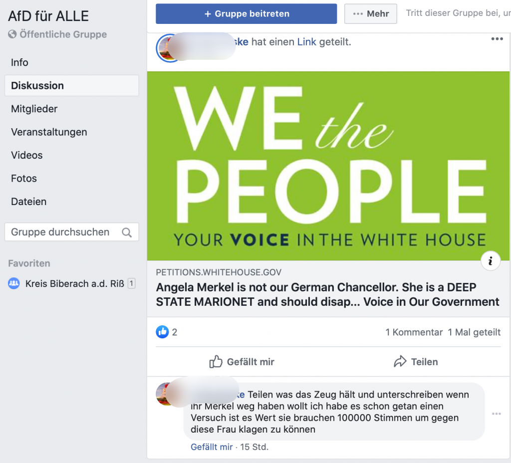 Petitionen an das Weiße Haus: Die AfD setzt auf Trump; Screenshot Facebook