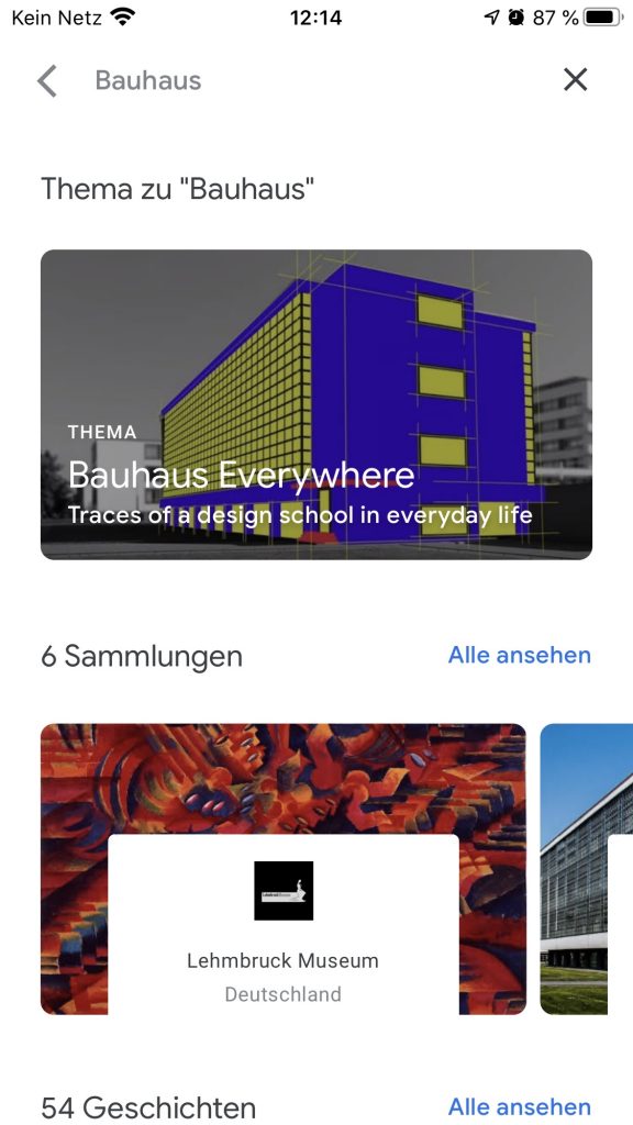 Ob das Bauhaus in Berlin oder das Lehmbruck Museum in Duisburg; Es gibt reichlich Auswahl; Screenshot artsandculture.google.com