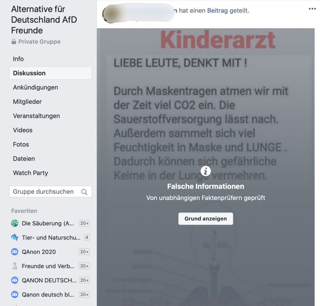Fake-News in der AfD Gruppe "Alternative für Deutschland AfD Freunde"; Screenshot Facebook