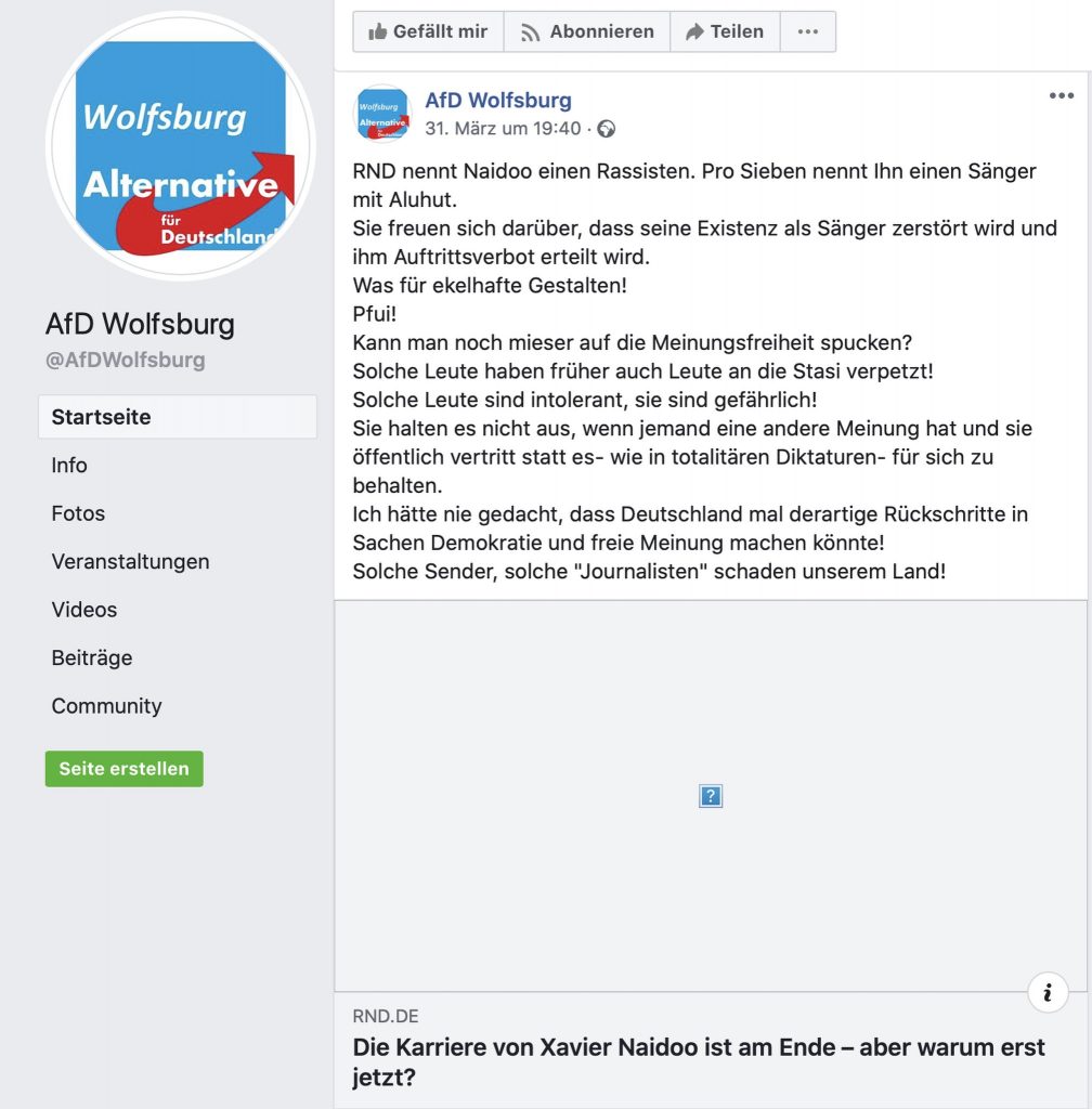 Die korrekte Bezeichnung von Naidoo durch Pro7 als "Sänger mit Aluhut" schmeckt der AfD in Wolfsburg nicht; Screenshot Facebook