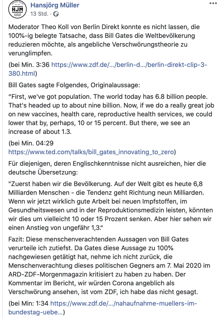 Fake News: Hansjörg Müller verbreitet sie aktiv; Screenshot Facebook