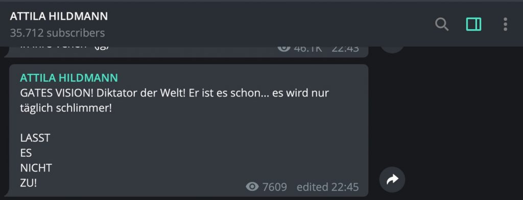 Klar: Bill Gates ist ebenfalls "Diktator der Welt"; Screenshot Telegram