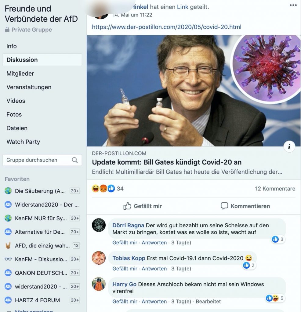 Üble Kommentare zu einem Postillion-Beitrag; Screenshot Facebook