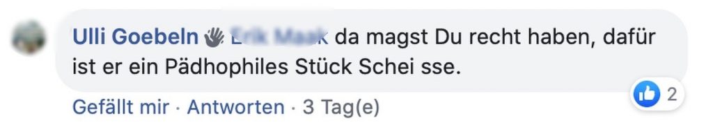 "Pädophiles Stück Scheiße" Screenshot Facebook