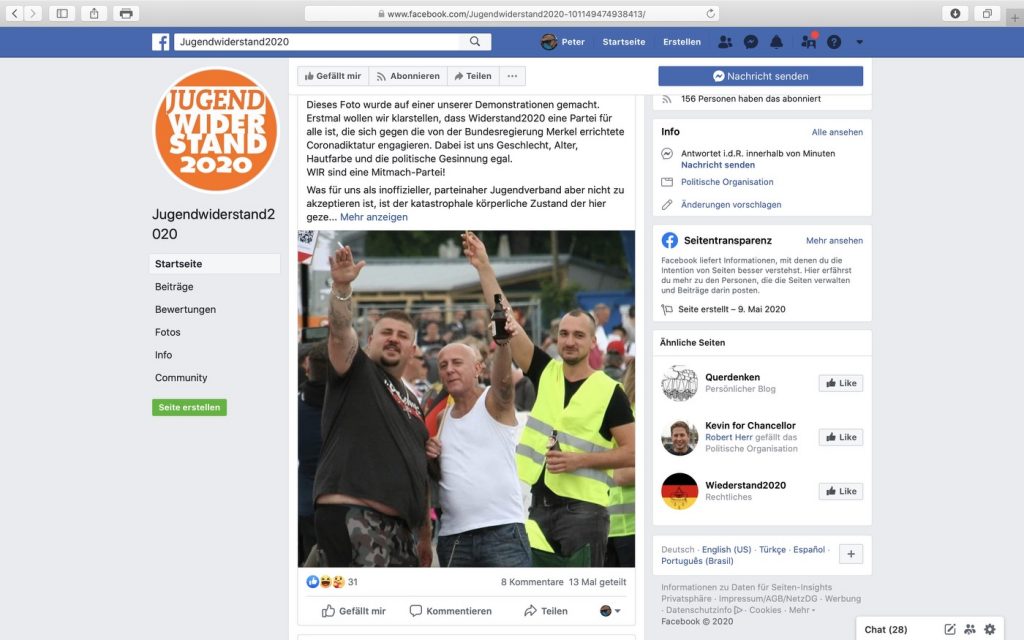 Inoffizielle Parteijugend von Widerstand2020: Jugendwiderstand2020; Screenshot Facebook