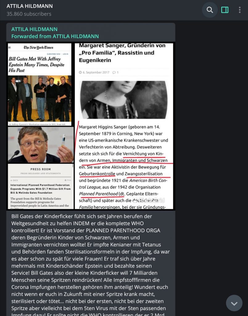 Übelste Anschuldigungen gegen Bill Gates; Screenshot Telegram