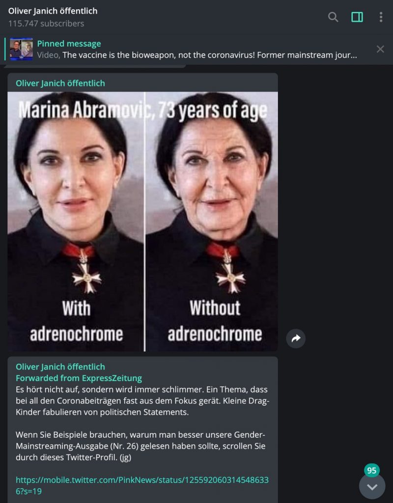 Hetze gegen Marina Abramovic; Screenshot Telegram