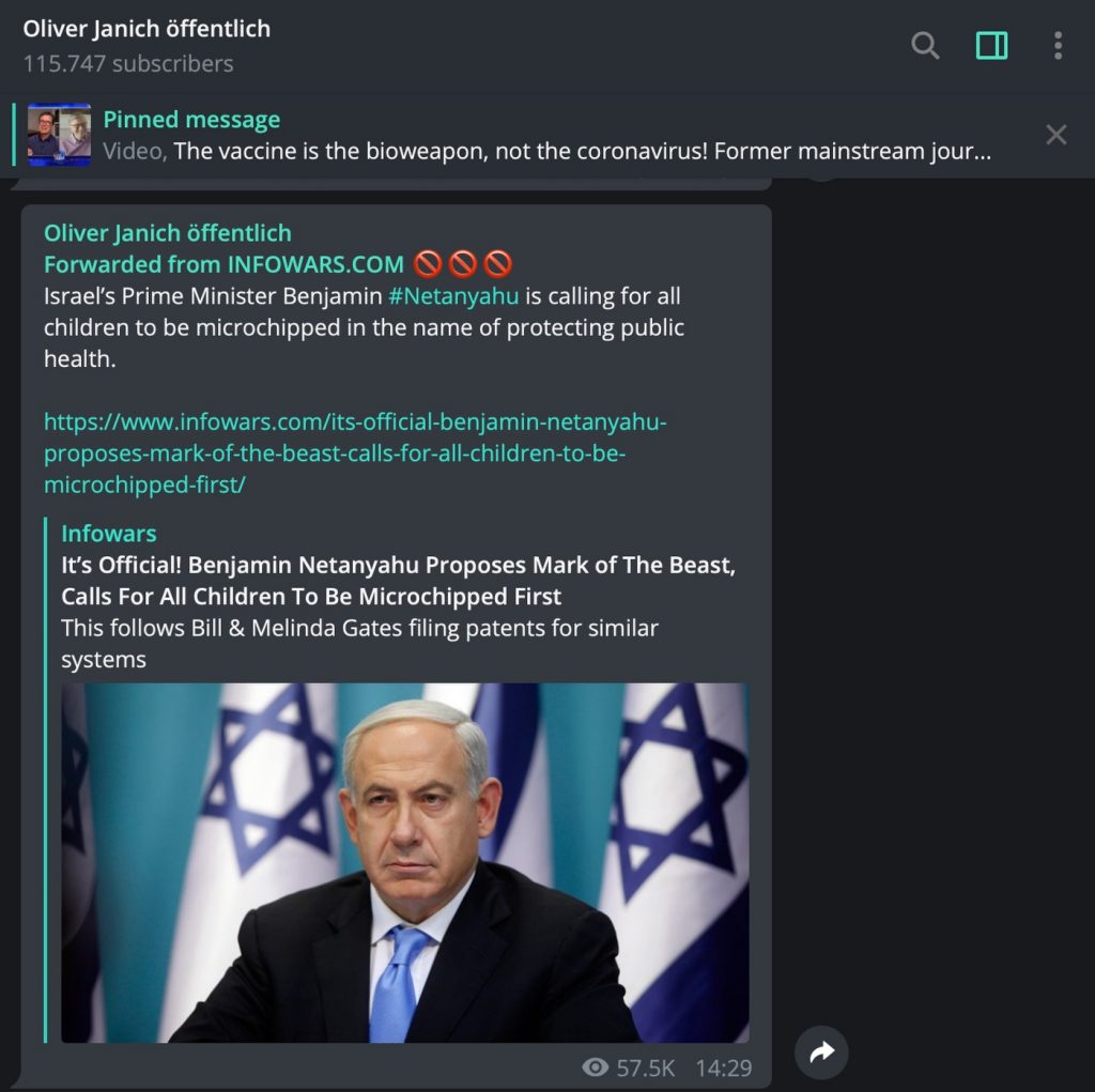 Netanyahu-Bashing @ Oliver Janich; Screenshot Telegram