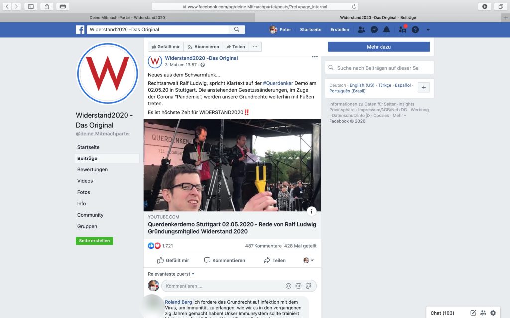 Facebook-Seite: Widerstand2020 - Das Original; Screenshot Facebook