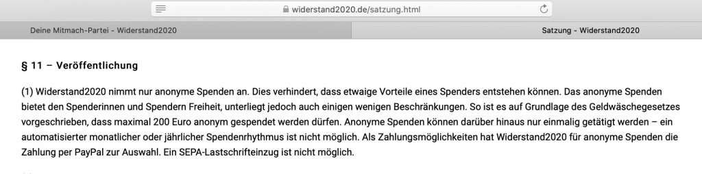 Anonyme Spenden willkommen!; Screenshot widerstand2020de