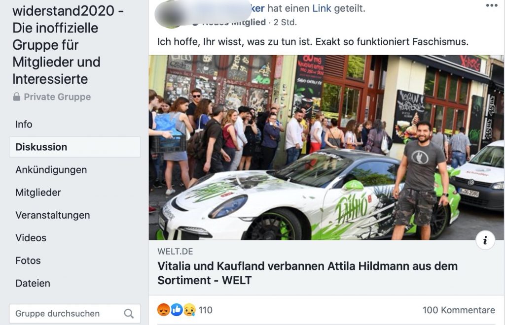 Sympathie für den veganen Widerstandskämpfer Atilla Hildmann; Screenshot Facebook