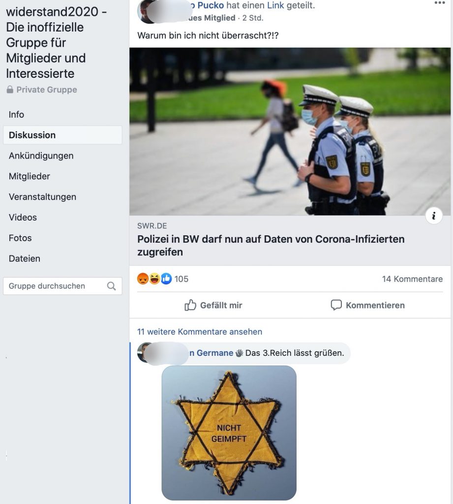 Maßnahmen gegen COVID-19 werden mit dem Holocaust verglichen; Screenshot Facebook