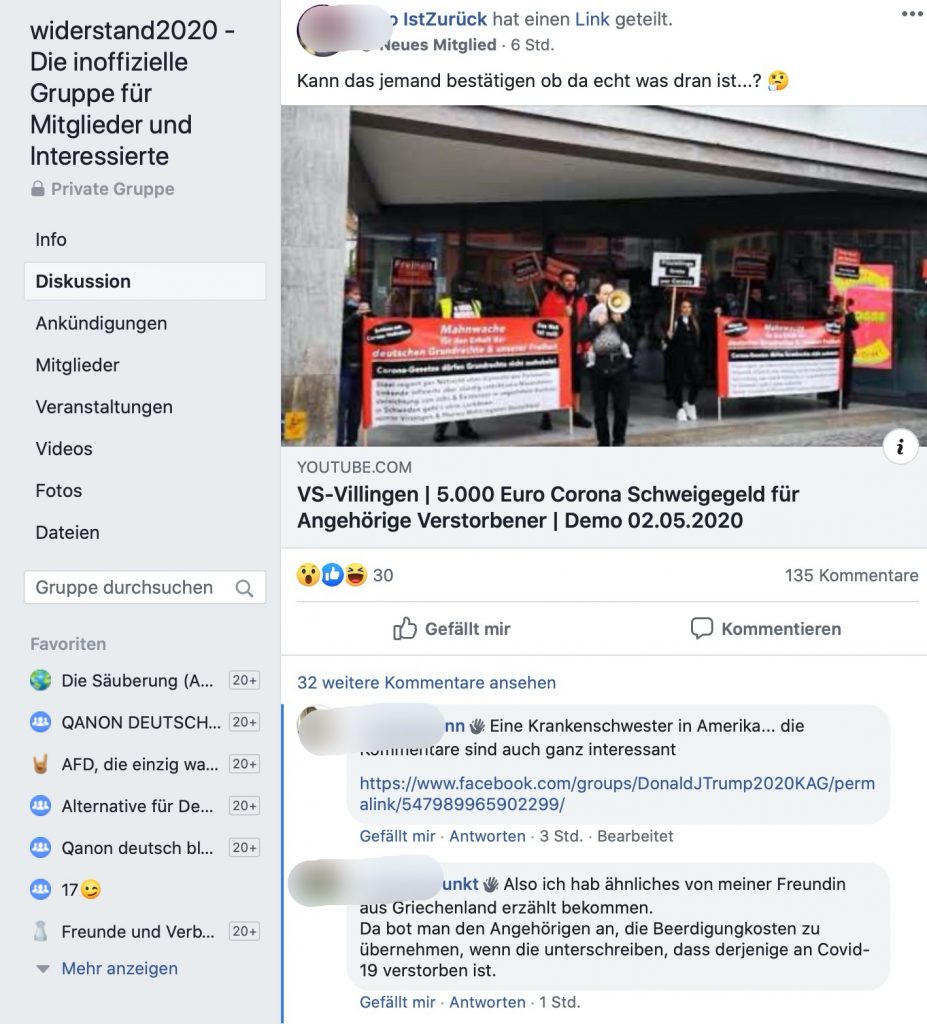 "5000 Euro Schweigegeld"; Typische Fake-News bei den Anhängern von Widerstand2020; Screenshot Facebook