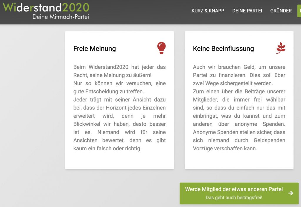 Anonyme Spenden bevorzugt; Screenshot widerstand2020.de