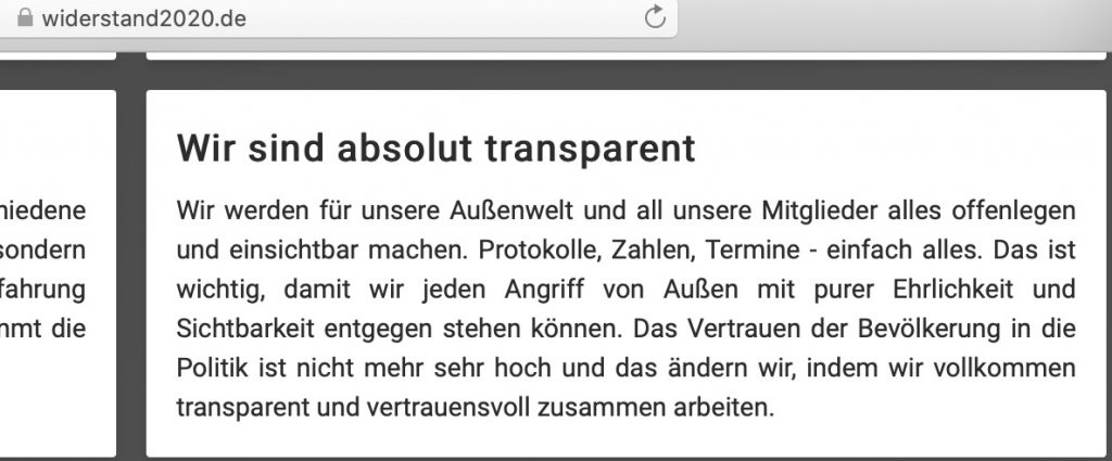 "Wir sind absolut transparent" - mit anonymen Spenden; Screenshot widerstand2020.de