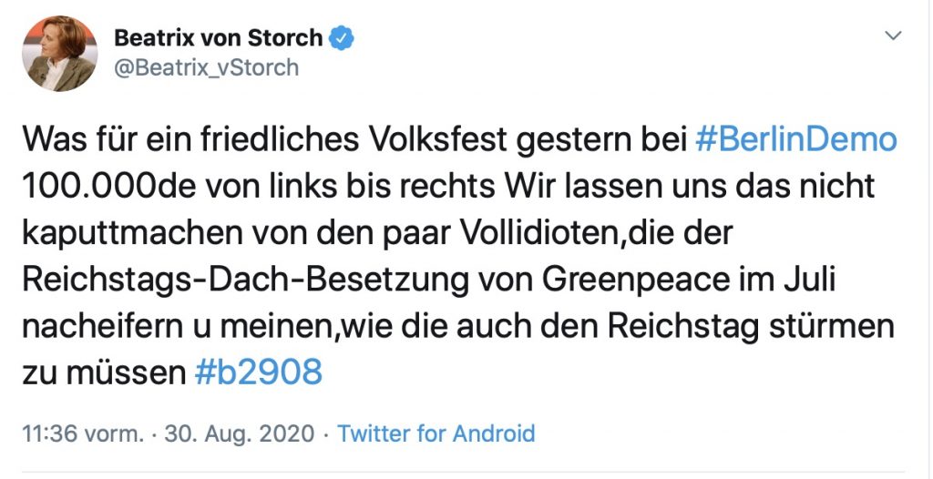 Beatrix von Storch: "Friedliches Volksfest"; Screenshot Twitter