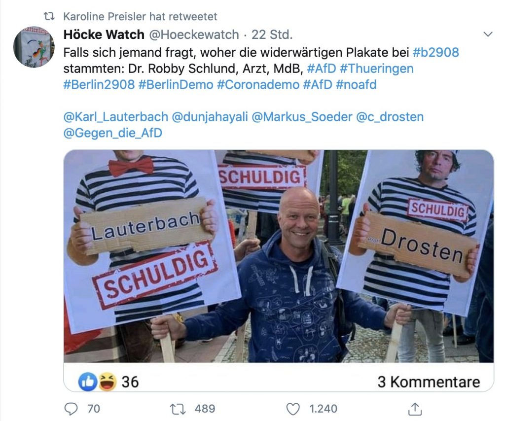 Robby Schlund möchte Dr. Christian Drosten und Karl Lauterbach inhaftiert sehen; Screenshot Twitter