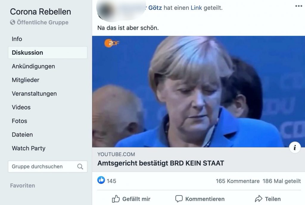 Bei den "Corona Rebellen" stark im Schwange: Reichsbürgerthemen; Screenshot