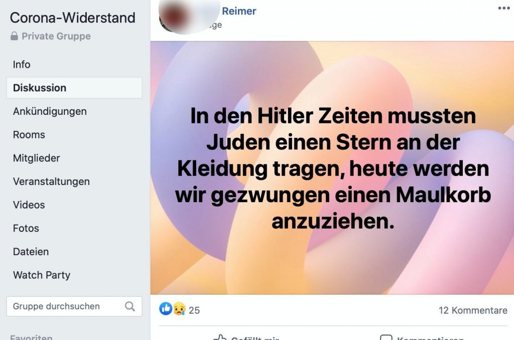 Relativierung der Schoah in der Gruppe "Corona-Widerstand"; Screenshot