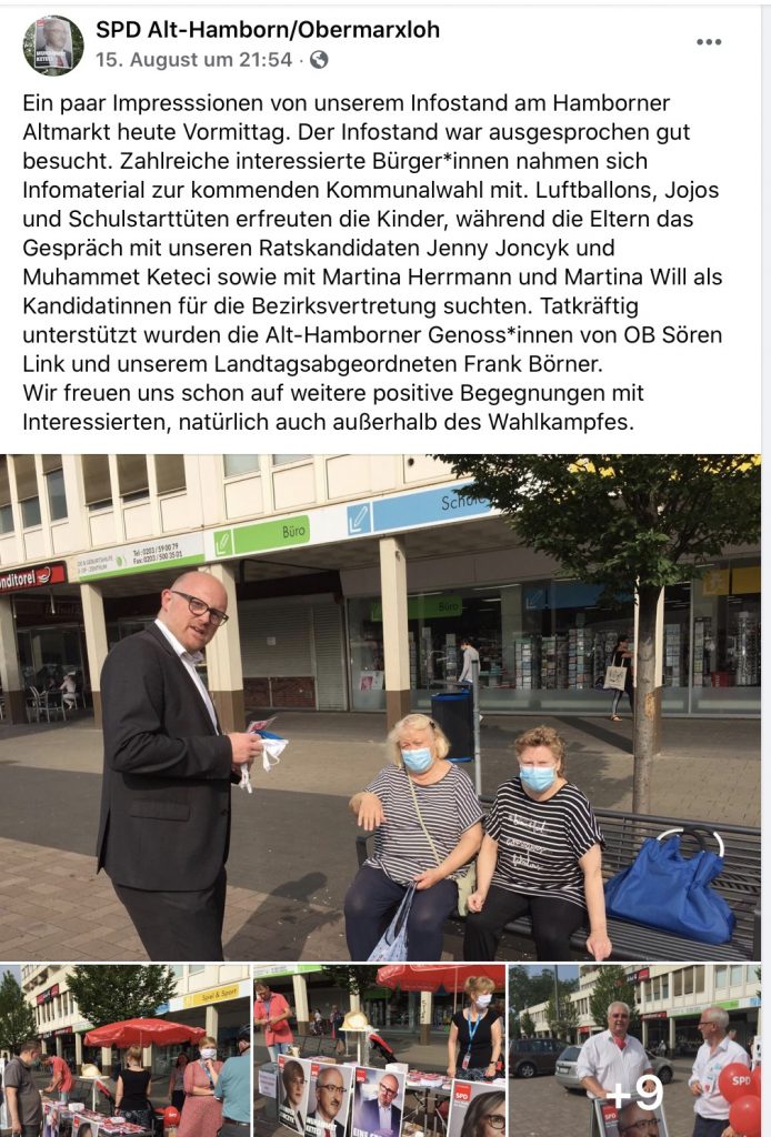 "Tatkräftig unterstützt wurden die Alt-Hamborner Genoss*innen von OB Sören Link und unserem Landtagsabgeordneten Frank Börner."; Screenshot Facebook