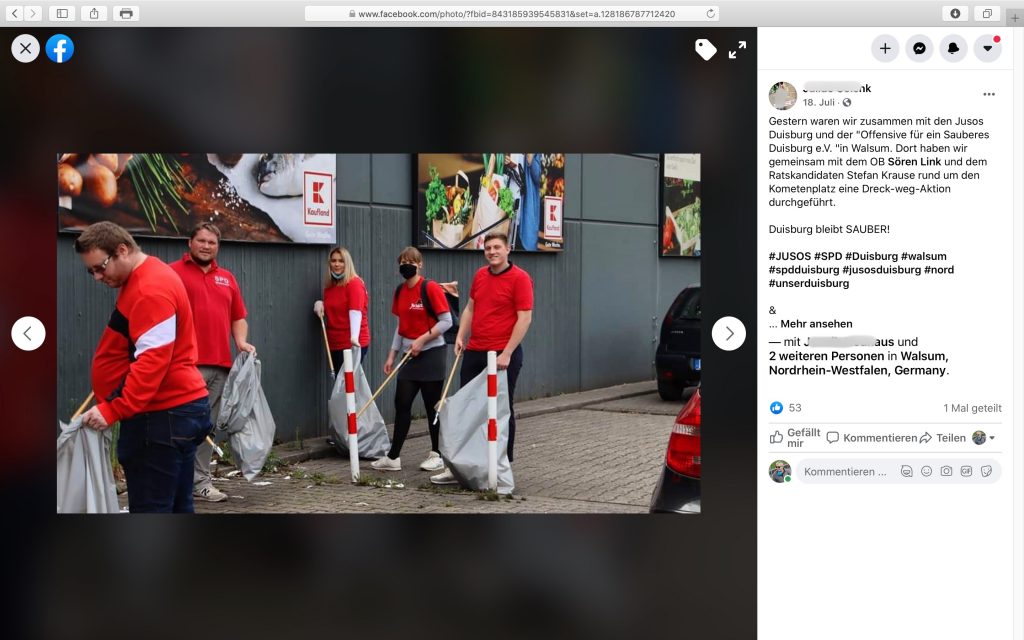 "Dort haben wir gemeinsam mit dem OB Sören Link und dem Ratskandidaten Stefan Krause rund um den Kometenplatz eine Dreck-weg-Aktion durchgeführt."; Screenshot Facebook