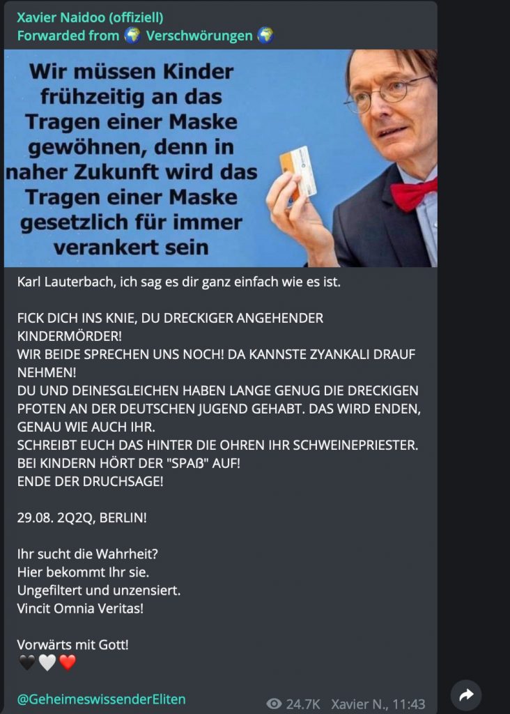 Karl Lauterbach, laut Xavier Naidoo "ein angehender Kindermörder"; Screenshot Telegram