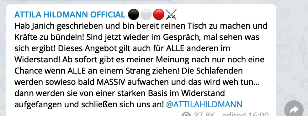 Der Verschwörungstheoretiker möchte "reinen Tisch machen"; Screenshot Telegram