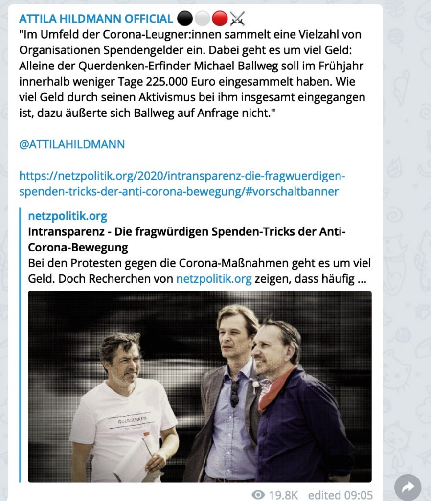 Die Spenden-Tricks der Anti-Corona-Bewegung; Screenshot Telegram