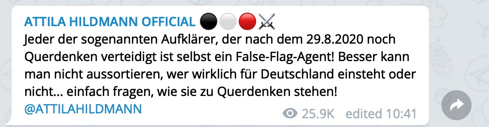 Querdenken = False Flag; Screenshot Telegram