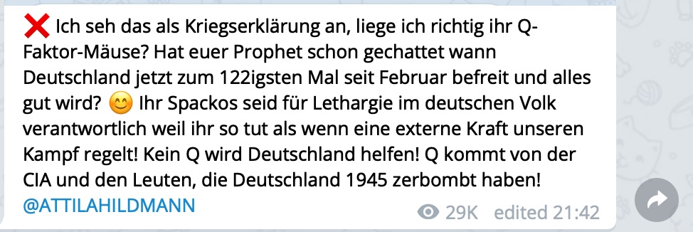 Die "Untätigkeit" von QAnon war schon in vorherigen Videos und Beiträgen Thema bei Attila Hildmann; Screenshot Telegram