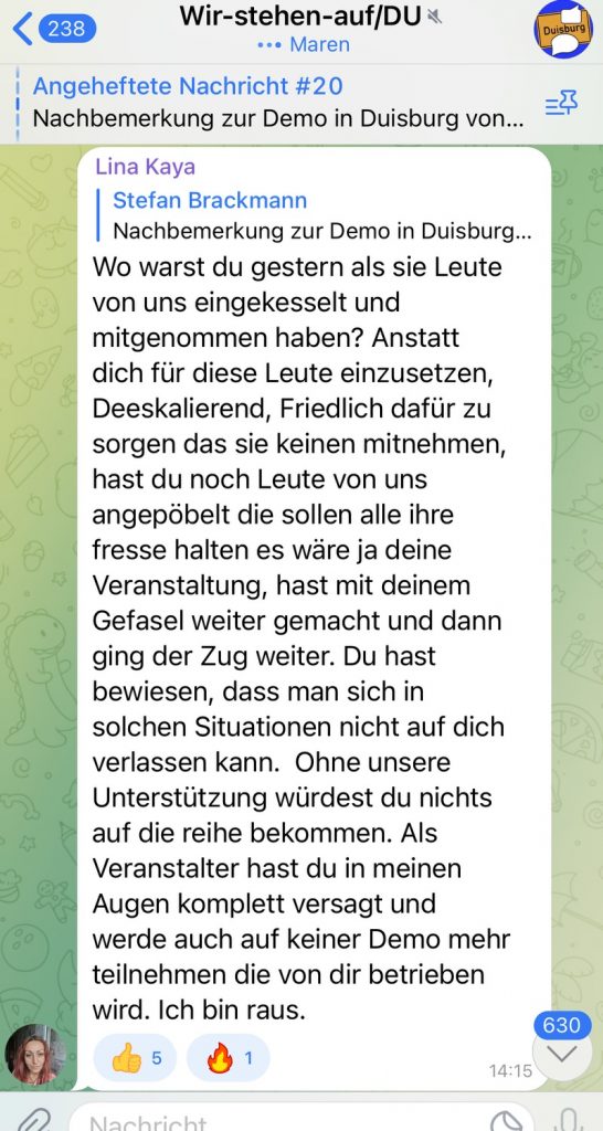 Telegram Gruppe "Duisburg steht auf"; Screenshot