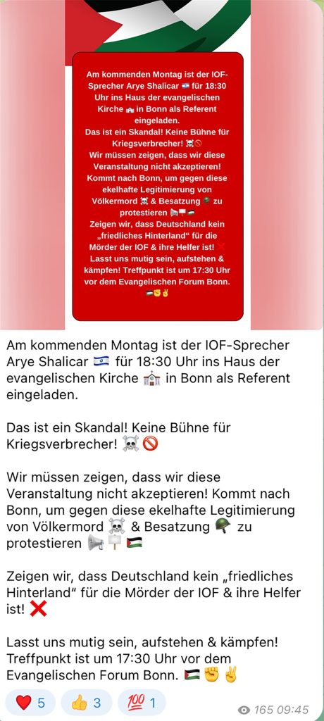 Mobilmachung gegen eine Infoveranstaltung der DIG (Screenshot Telegram)